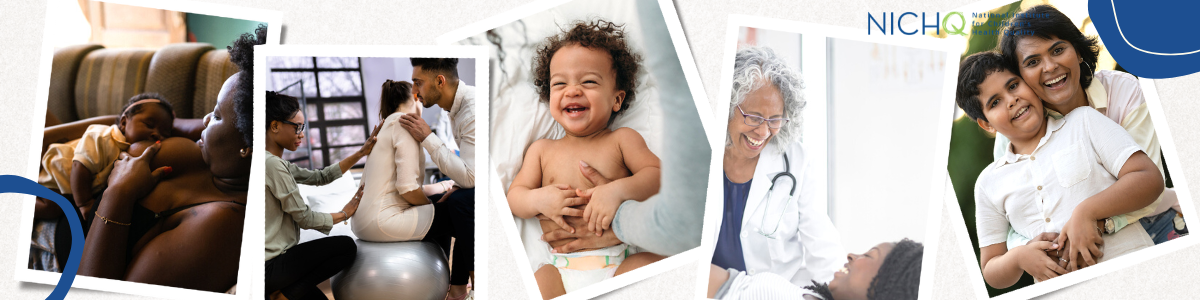 Black woman breastfeeding baby, Doula with mother and dad, baby smiling while someone rubs their belly, Black doctor with Black pregnant mom, Spanish woman with son