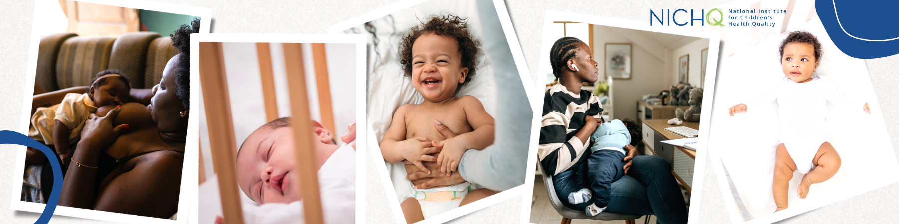 Black person breastfeeding/chestfeeding Black baby, Asian baby sleeping in crib, multiracial baby with light brown skin and curly har smiles while laying in crib, Black person chestfeeds their Black baby, Black baby smiles in crib laying on their back