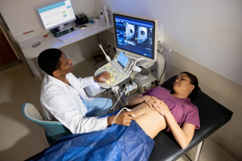 pregnant person receiving an ultrasound from a doctor