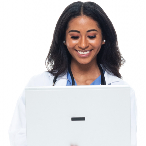 Black woman doctor on laptop