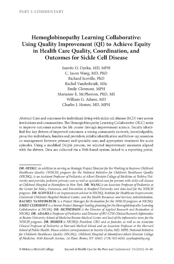 Hemoglobinopathy Learning Collaborative Using Quality Improvement QI   Oyeku2012 