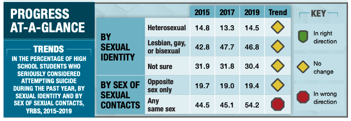 YRBS School Survey Chart of Progress At-A-Glance for percent of students who seriously consider suicide by sexuality