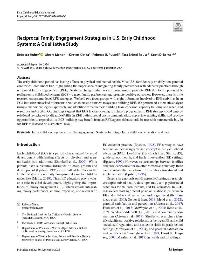 first page of the publication "Reciprocal Family Engagement Strategies in U.S. Early Childhood Systems: A Qualitative Study" by Huber, et al