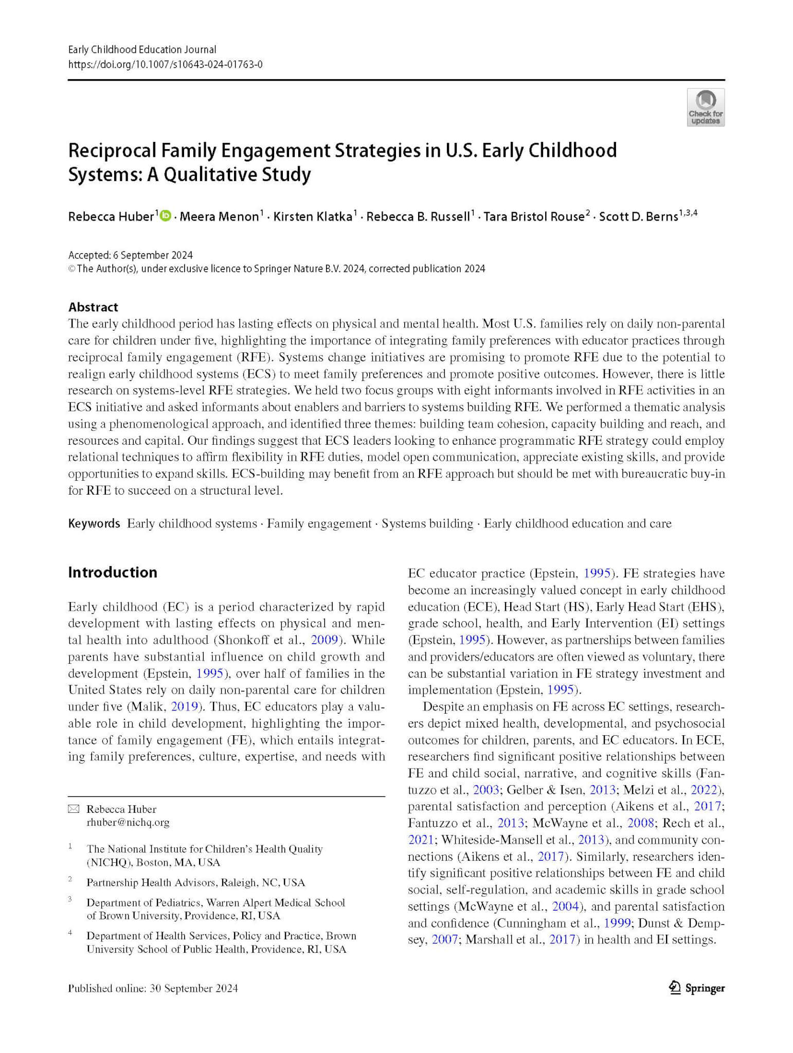 first page of the publication "Reciprocal Family Engagement Strategies in U.S. Early Childhood Systems: A Qualitative Study" by Huber, et al